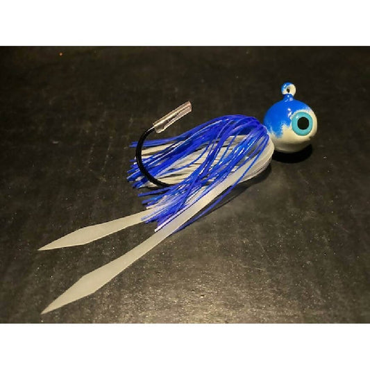 10 Pk Blue & Glow White Round Gulp Ball Jigs W/ 3 - D Eyes & Skirts 2oz to 10oz Black Nickel Hooks - Jigs Tackle