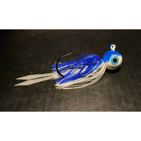 10 Pk Blue & White Round Gulp Ball Jigs W/ 3 - D Eyes & Skirts 2oz to 10oz Black Nickel Hooks - Jigs Tackle