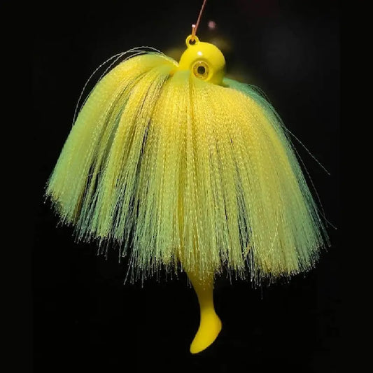 Mojo Lure 2oz to 16oz, 9in shad, 2 10/0 hooks Chartreuse yellow W/Crimped Nylon by Jigs Tackle - castable umbrella rigs,Fishing,Hand Made,Mojo,Mojo Lure,Sassy Shad,Striped Bass,Tackle,Trolling,umbrella rig