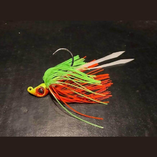 10 Glow Green & Red Manic Mullet 3/8oz Teasers with 5/0 Black Nickel Hooks and skirts - Jigs Tackle