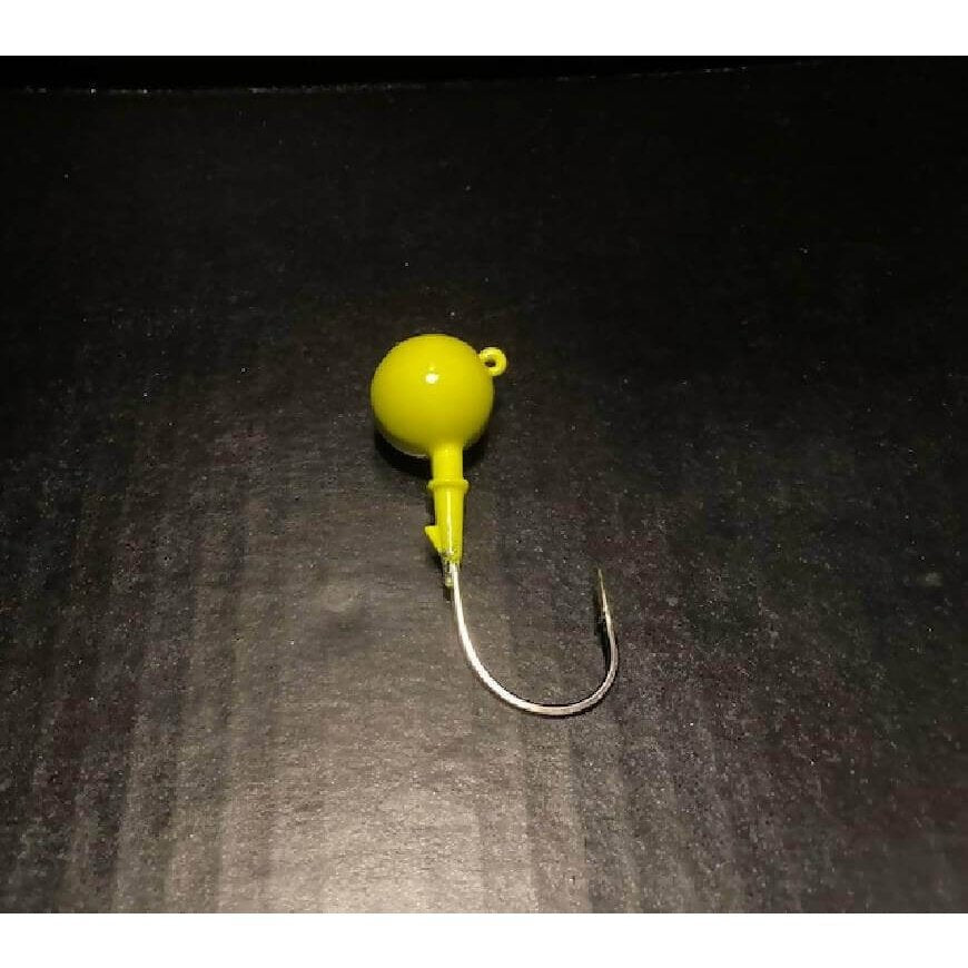 10 Pack Fluke / Flounder Glow Chart Yellow Round Gulp Ball Jigs from 1oz to 6oz Black Nickel Ultra Point Hooks - Jigs Tackle