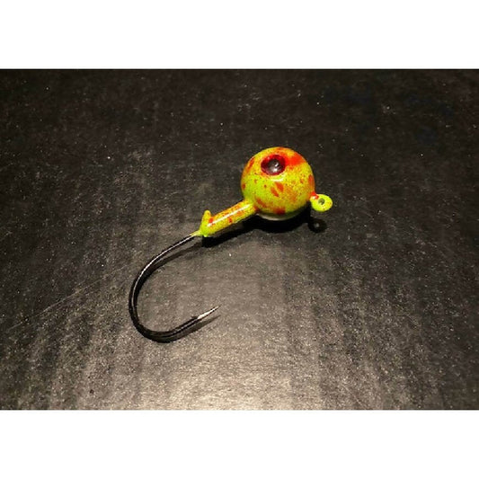 10 Pack Glow Green & Red Fluke / Flounder Gulp Ball Jigs W/ 3 - D Eyes from 3/4oz to 10oz Black Nickel Hooks - Jigs Tackle