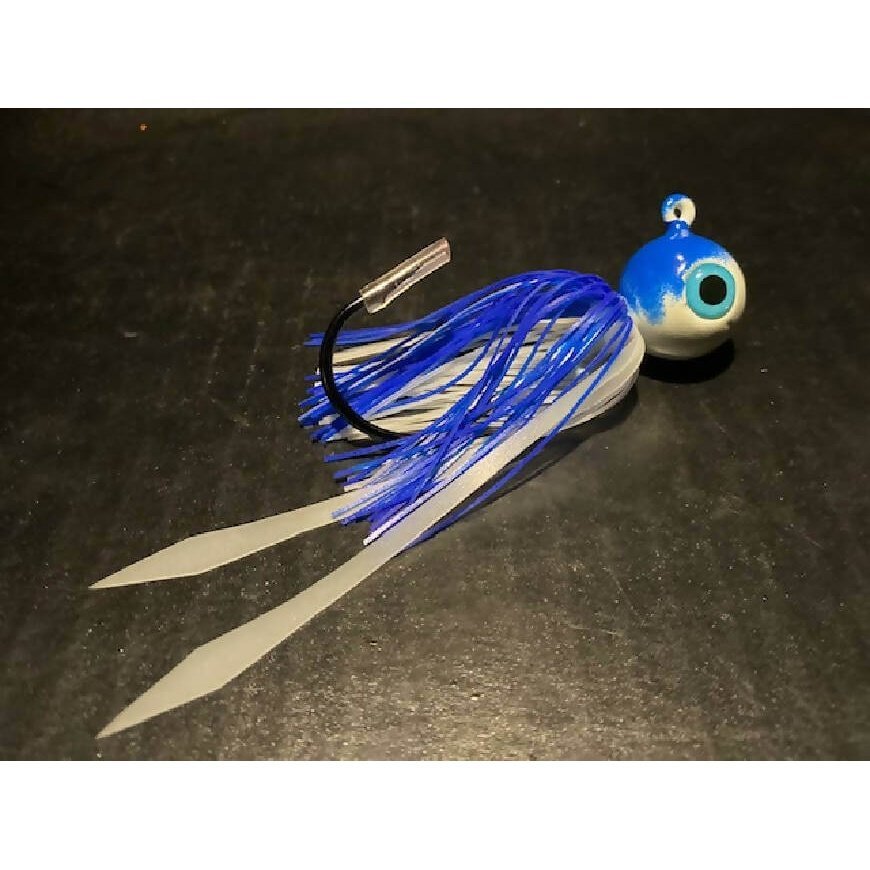 10 Pk Blue & Glow White Round Gulp Ball Jigs W/ 3 - D Eyes & Skirts 2oz to 10oz Black Nickel Hooks - Jigs Tackle