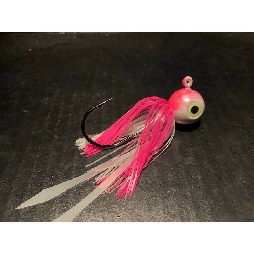 10 Pk Pearl Pink & Glow White Round Gulp Ball Jigs W/ 3 - D Eyes & Skirts 2oz to 10oz Black Nickel Hooks - Jigs Tackle