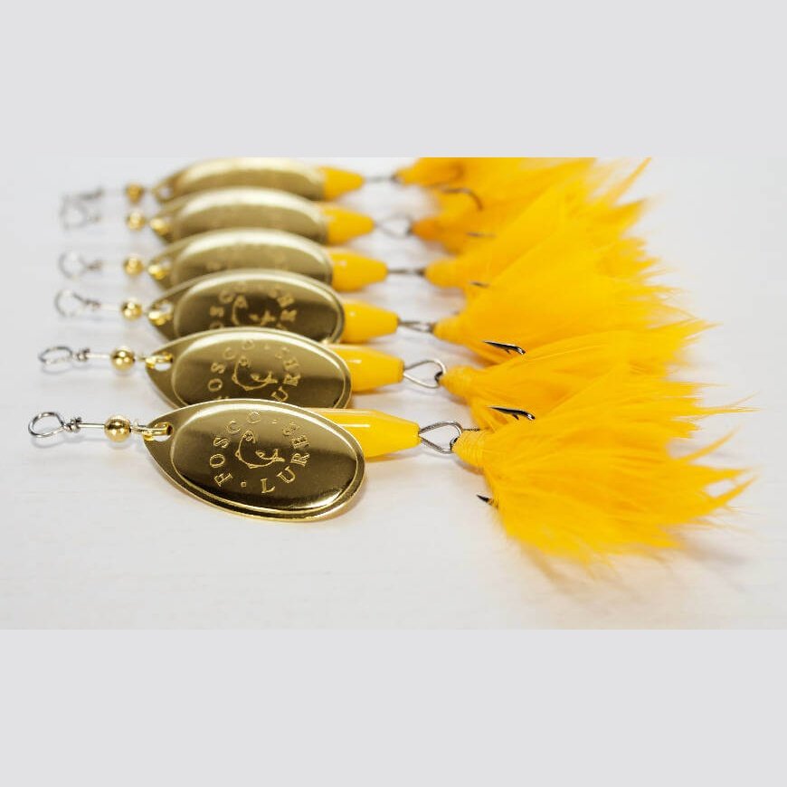 Yellow Goldie Spinner • Black Blade • #3 • Dressed by Fosco Fishing Lures - blade,Fishing,Hand Made,spinner,Tackle,using,waters,yellow