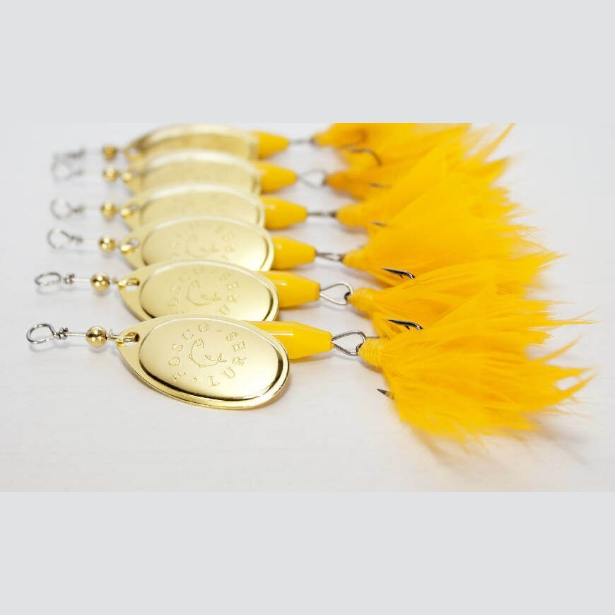 Yellow Goldie Spinner • Black Blade • #3 • Dressed by Fosco Fishing Lures - blade,Fishing,Hand Made,spinner,Tackle,using,waters,yellow