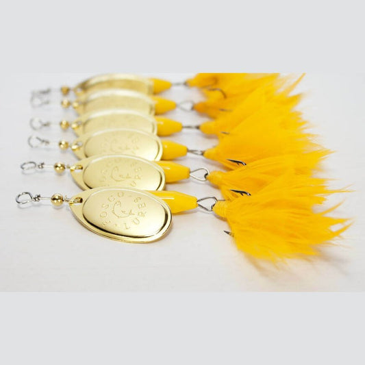 Yellow Goldie Spinner • Black Blade • #3 • Dressed by Fosco Fishing Lures - blade,Fishing,Hand Made,spinner,Tackle,using,waters,yellow