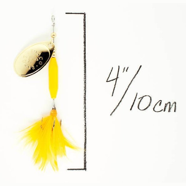 Yellow Goldie Spinner • Black Blade • #3 • Dressed by Fosco Fishing Lures - blade,Fishing,Hand Made,spinner,Tackle,using,waters,yellow