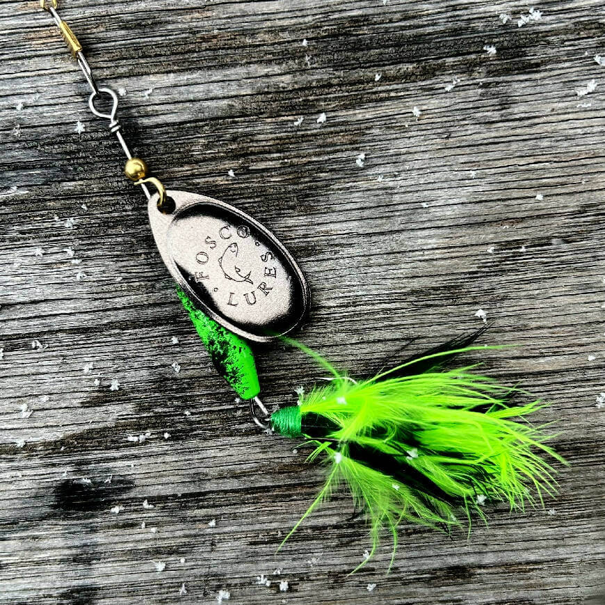 Bullfrog Spinner • Black Blade • #3 • Dressed by Fosco Fishing Lures - blade,bullfrog,dressed,Fishing,Hand Made,spinner,Tackle,using