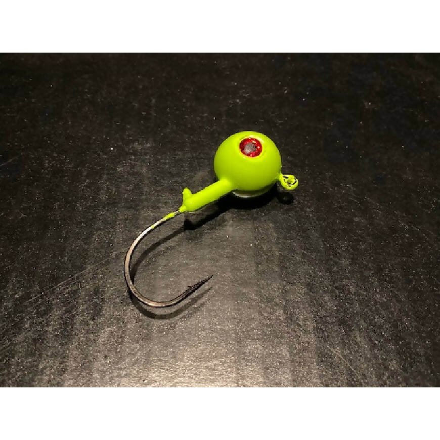 10 Pack Glow Green Fluke / Flounder Gulp Ball Jigs W/ 3-D Eyes from 3/4oz to 10oz Black Nickel Hooks-Crafty Fisherman