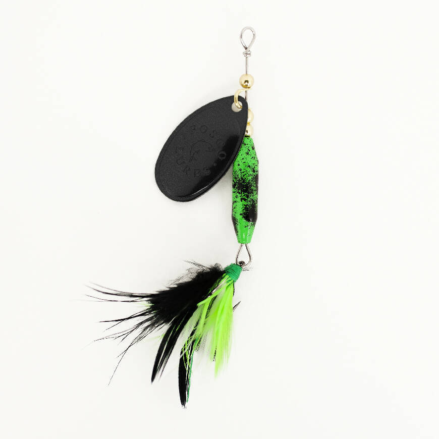 Bullfrog Spinner • Black Blade • #3 • Dressed by Fosco Fishing Lures - blade,bullfrog,dressed,Fishing,Hand Made,spinner,Tackle,using
