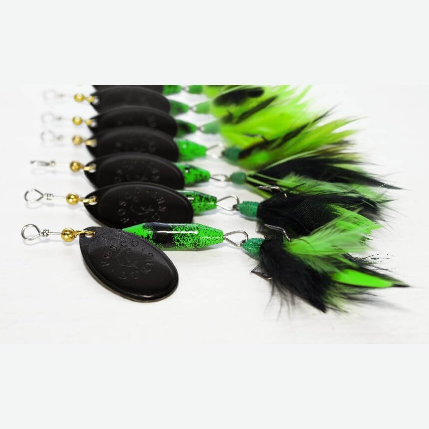 Bullfrog Spinner • Black Blade • #3 • Dressed by Fosco Fishing Lures - blade,bullfrog,dressed,Fishing,Hand Made,spinner,Tackle,using