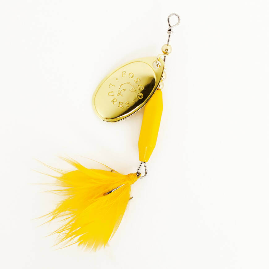 Yellow Goldie Spinner • Black Blade • #3 • Dressed by Fosco Fishing Lures - blade,Fishing,Hand Made,spinner,Tackle,using,waters,yellow