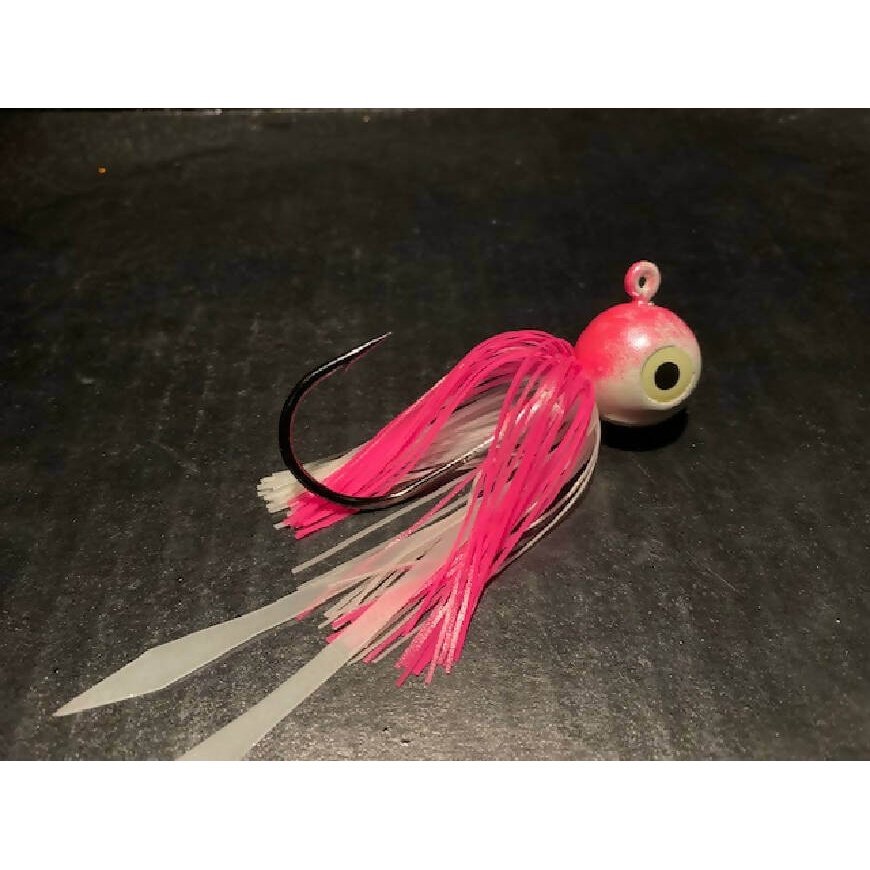 10 Pk Pearl Pink & Glow White Round Gulp Ball Jigs W/ 3-D Eyes & Skirts 2oz to 10oz Black Nickel Hooks-Crafty Fisherman